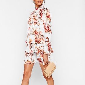 On a High Neck Floral Mini Dress
